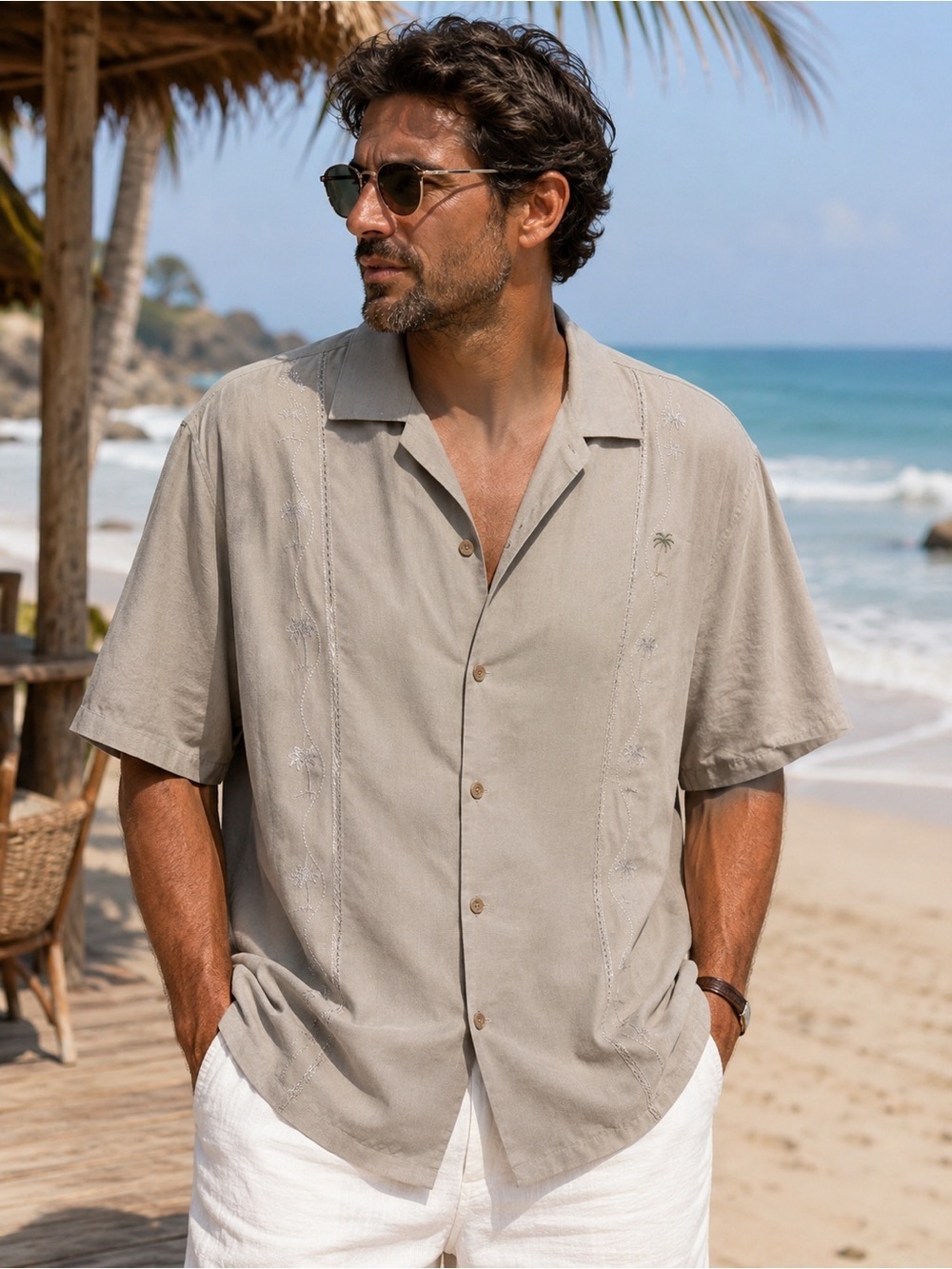 Bamboo Cay Mens Large Embroidered Palm Tree‎ Hawaiian Camp Shirt Beach Resort